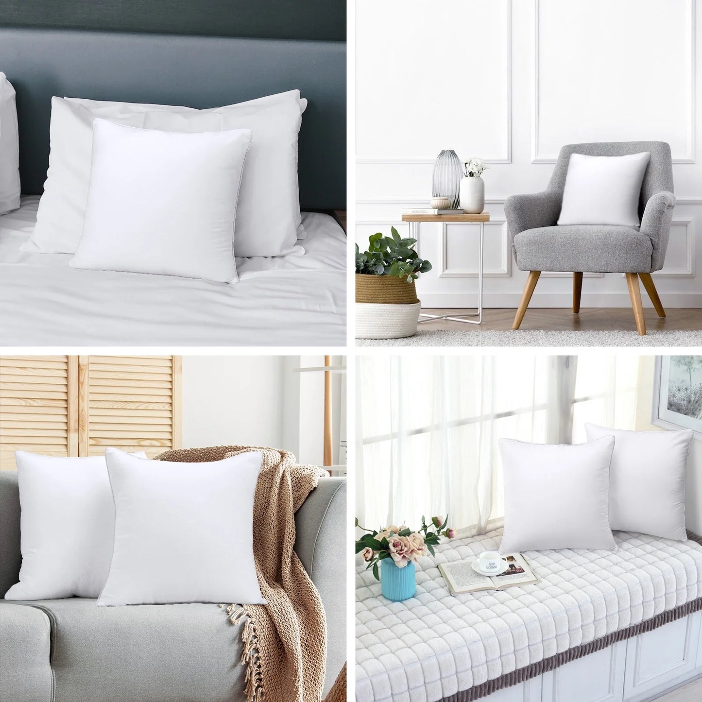 14 x 14 Throw Pillow Inserts(Set of 2),Indoor White Square Decorative Pillows for Couch & Bed