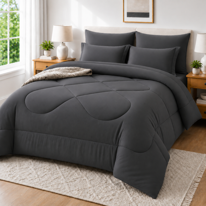 Comforter Set-7 Piece Bed in a Bag,Soft Down Alternative Bedding Comforter Set with Sheets,Pillowcases & Shams,All Season Dark Grey