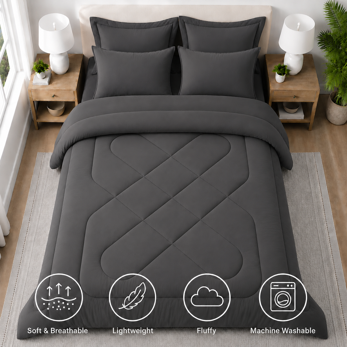 Comforter Set-7 Piece Bed in a Bag,Soft Down Alternative Bedding Comforter Set with Sheets,Pillowcases & Shams,All Season Dark Grey