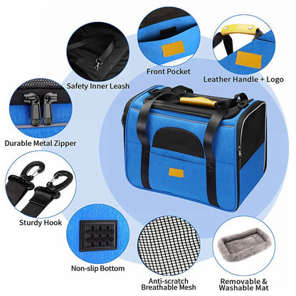 COOKEY Dog Cat Carrier,Airline Approved Large Soft Sided Pet Bag for Large Cats & Puppy Dogs up to 25 lbs,Collapsible Pet Travel Carrier for Cat & Dog,Blue